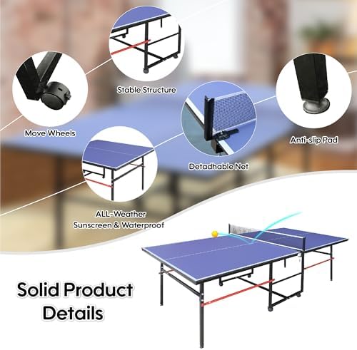 Professional Foldable Ping Pong Table for Indoor & Outdoor Activities - 8FT Mid-Size Table Tennis Table with Net, 2 Tabl