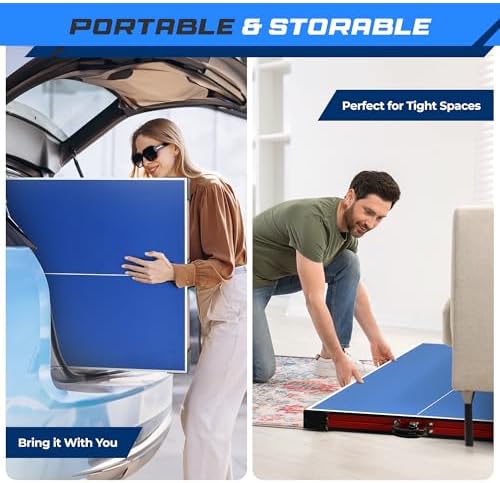 SereneLife Midsize Portable Ping Pong Table Set with Net for Home Gym - Space-Saving Design, Blue SereneLife Midsize F