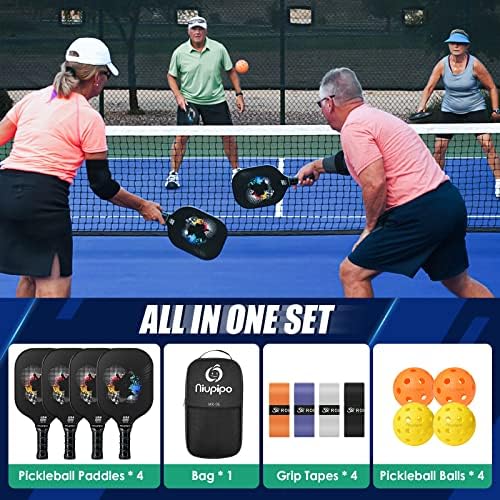 USAPA Approved Graphite Carbon Fiber Pickleball Paddles Set of 4 for Men Women, Polypropylene Honeycomb Core, Cushion |7