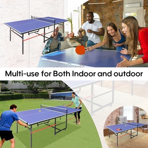 Professional Foldable Ping Pong Table for Indoor & Outdoor Activities - 8FT Mid-Size Table Tennis Table with Net, 2 Tabl