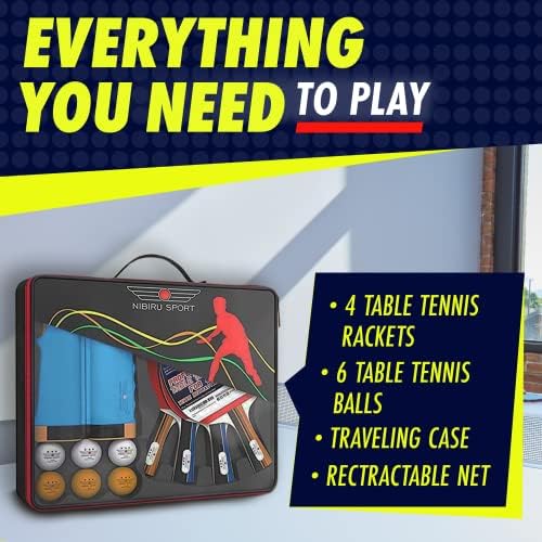 NIBIRU SPORT Professional Ping Pong Paddle Sets for Adults - 4 Player Table Tennis Paddles, Retractable Net and Carry Ba