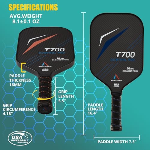 Carbon Pickleball Paddle Set Pro for Pickleball Players,High Grit and Spin 3K Raw Carbon Fiber Surface,Pickleball T700SC