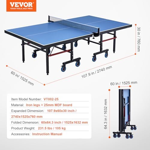 VEVOR Professional Table Tennis Table for Indoor Use, Portable and Foldable with Quick Clamp Net and Lockable Wheels VEV