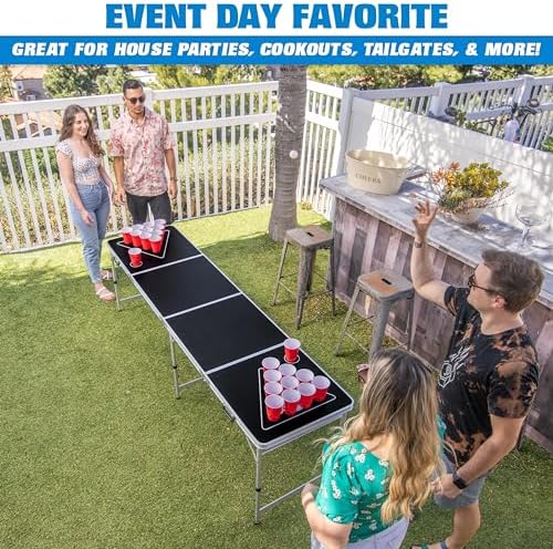 GoPong 8 Foot Portable Beer Pong Tables for Tailgate Parties and Barbecue BBQ (Black, Football, American Flag, or Custom